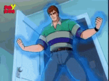 a man in a striped shirt is standing in front of a door with his arms outstretched .