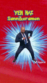 a man in a suit and tie is dancing on a red background with the words yeh hai sannikramon