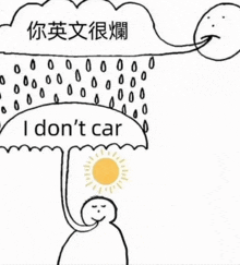 a drawing of a person holding an umbrella with the words `` i don 't car '' written on it .