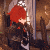 a person with red hair is sitting in a chair