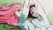 two anime girls laying next to each other with minevie < 3