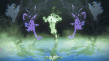 a drawing of a person standing in a body of water with trees in the background