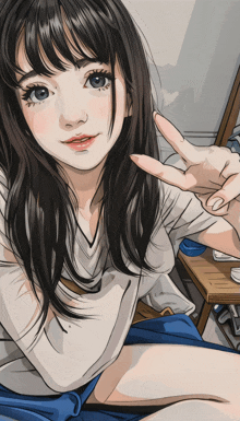a girl in a white shirt and blue shorts giving a peace sign
