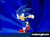 a cartoon character named sonic the hedgehog is jumping in the air .