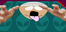 a cartoon character with a tongue sticking out and a white hat