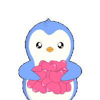 a penguin is surrounded by pink hearts on its wings