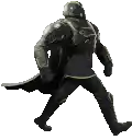 a statue of a man wearing a helmet and a cape is running .