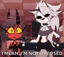 a couple of cartoon characters are standing next to each other and one of them is talking to the other .