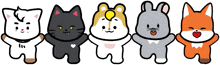 five cartoon animals are standing next to each other with their hands in the air