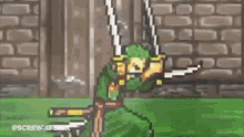 a cartoon of a man in a green shirt holding a white sword .