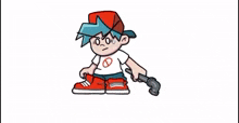 a cartoon boy is standing with his eyes closed and a red hat .