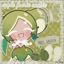 a picture of an apple faerie cookie with a fairy garden sign in the background