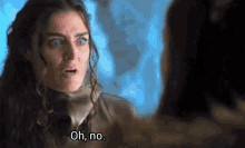 a woman with blue eyes is saying oh no