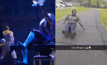 a man is sitting on a chair next to a picture of a man sliding down a sidewalk .