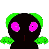 a black cartoon character with pink eyes and green ears .