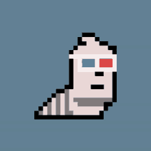 a pixel art of a worm wearing a pair of 3d glasses