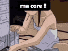a woman is sitting in front of a filing cabinet with a sign that says ma core !!!