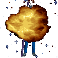 a pixel art of a person standing next to a large piece of bread