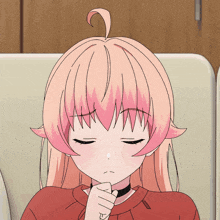 a pink haired anime girl with her eyes closed and her hand on her chin