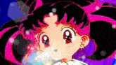 a close up of a cartoon character with pink hair and red eyes