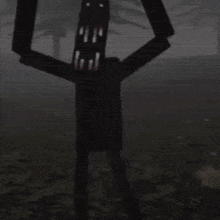 a cartoon character is standing in the middle of a field with his arms up in the air .