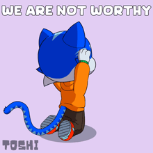 a cartoon of a blue cat with the words " we are not worthy " on the bottom