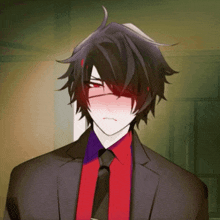 a man in a suit and tie with red eyes