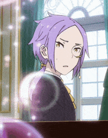 a girl with purple hair and glasses looks to the side