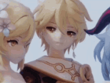 a group of anime characters are standing next to each other and looking at the camera .