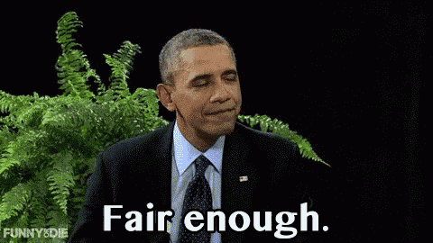 a man in a suit and tie is sitting in front of a plant and saying `` fair enough '' .