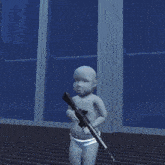a baby in a diaper holding a gun in a dark room