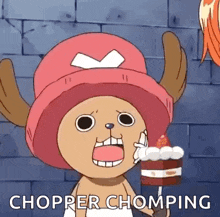 tony tony chopper from one piece is holding a cake in his hand .