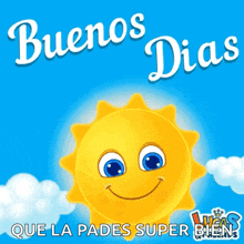 a cartoon sun with a smiling face and the words buenos dias que la pades super bien