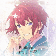 a drawing of a boy with purple eyes and the name rukikasa on it