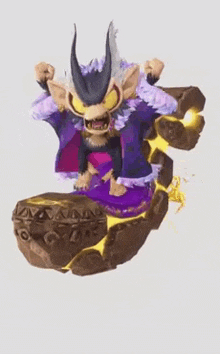 a cartoon character with horns and a purple robe is flying on top of a rock .