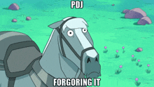 a cartoon horse with the words pdj forgoring it on the bottom
