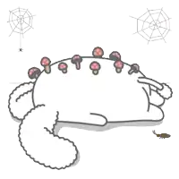 a cartoon drawing of a cat surrounded by mushrooms and spider webs .