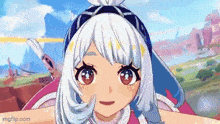 a cartoon girl with white hair and red eyes is looking at the camera in a video game .