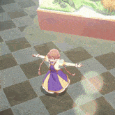 a girl in a purple and yellow dress is dancing on a checkered floor
