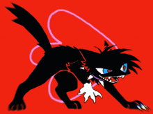 a drawing of a black cat with a purple collar on a red background