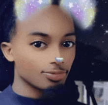 a close up of a person 's face with a cat filter on their face .