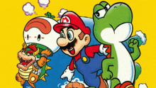 a cartoon of mario and yoshi on a yellow background with smoke coming out of their mouths
