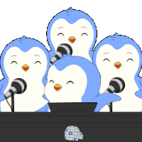 a group of penguins are singing into microphones