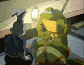 two teenage mutant ninja turtles are talking to a rabbit