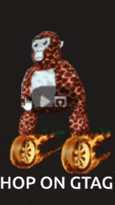 a picture of a stuffed monkey with the words hop on gtag written below it