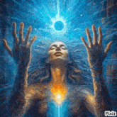 a painting of a woman with her eyes closed and her hands up in the air