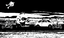 a black and white drawing of a car with a skull trailer attached to it