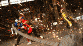 a group of people are fighting each other with a lot of sparks