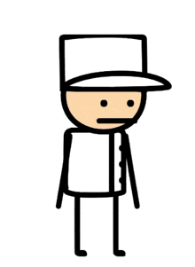 a stick figure wearing a white hat and a white vest is standing on a white background .