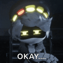 a cartoon character with glowing eyes and the words okay